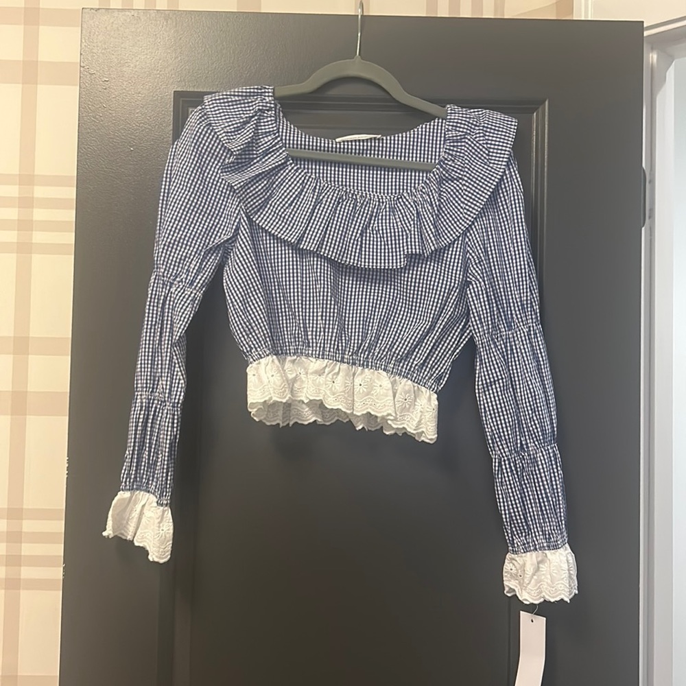 Blue gingham long sleeve crop top